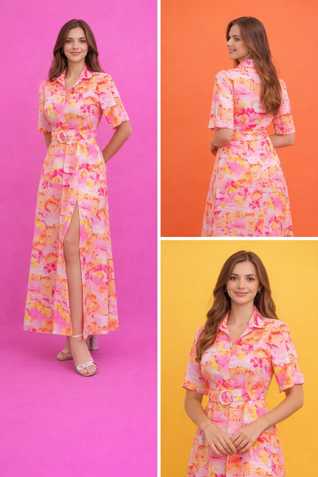 Robe longue pour femme de la marque Dressie Dress, imprimée, avec col chemise, manches courtes, ceinture à boucle et fente frontale.