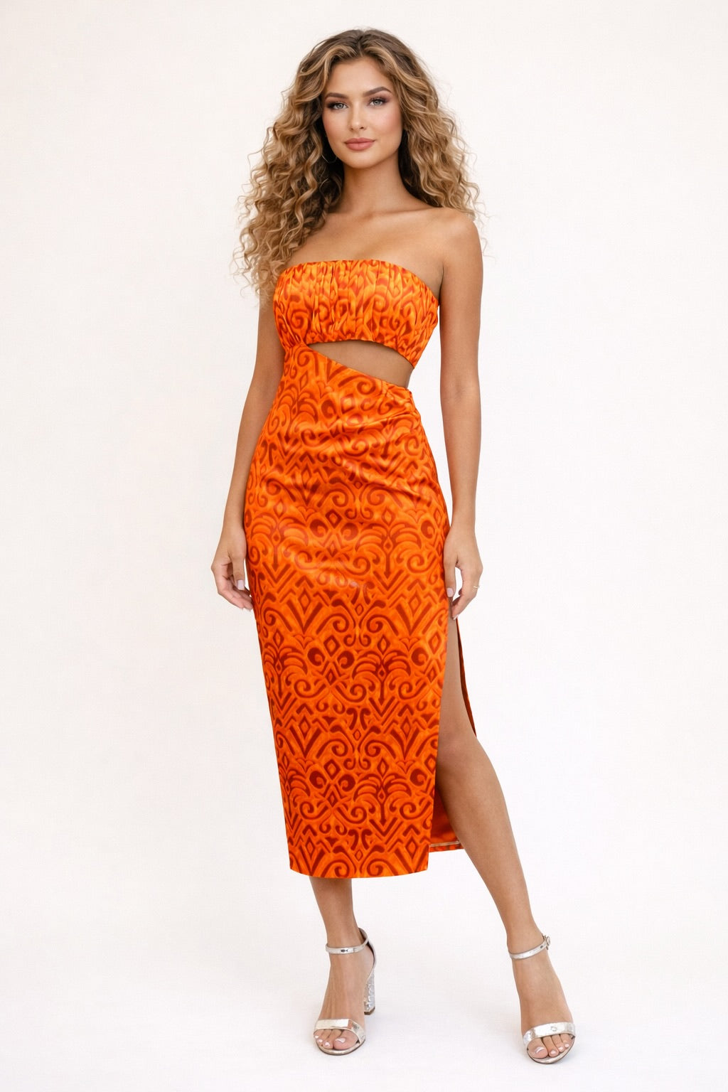 Robe femme imprimée bustier avec découpe à la taille, fente haute et coupe moulante midi, vêtement de vacances Dressie Dress