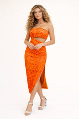 Robe femme imprimée bustier moulante midi avec découpe à la taille, fente haute, style vacances, marque Dressie Dress