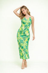Robe longue femme imprimée feuillage vert avec fines bretelles, décolleté drapé et dos ouvert, robe d'été élégante Dressie Dress