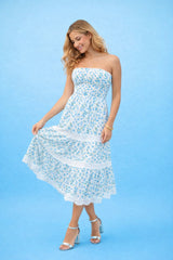 Robe femme imprimée bustier style français avec jupe midi à volants, détails en dentelle et taille haute, Dressie Dress