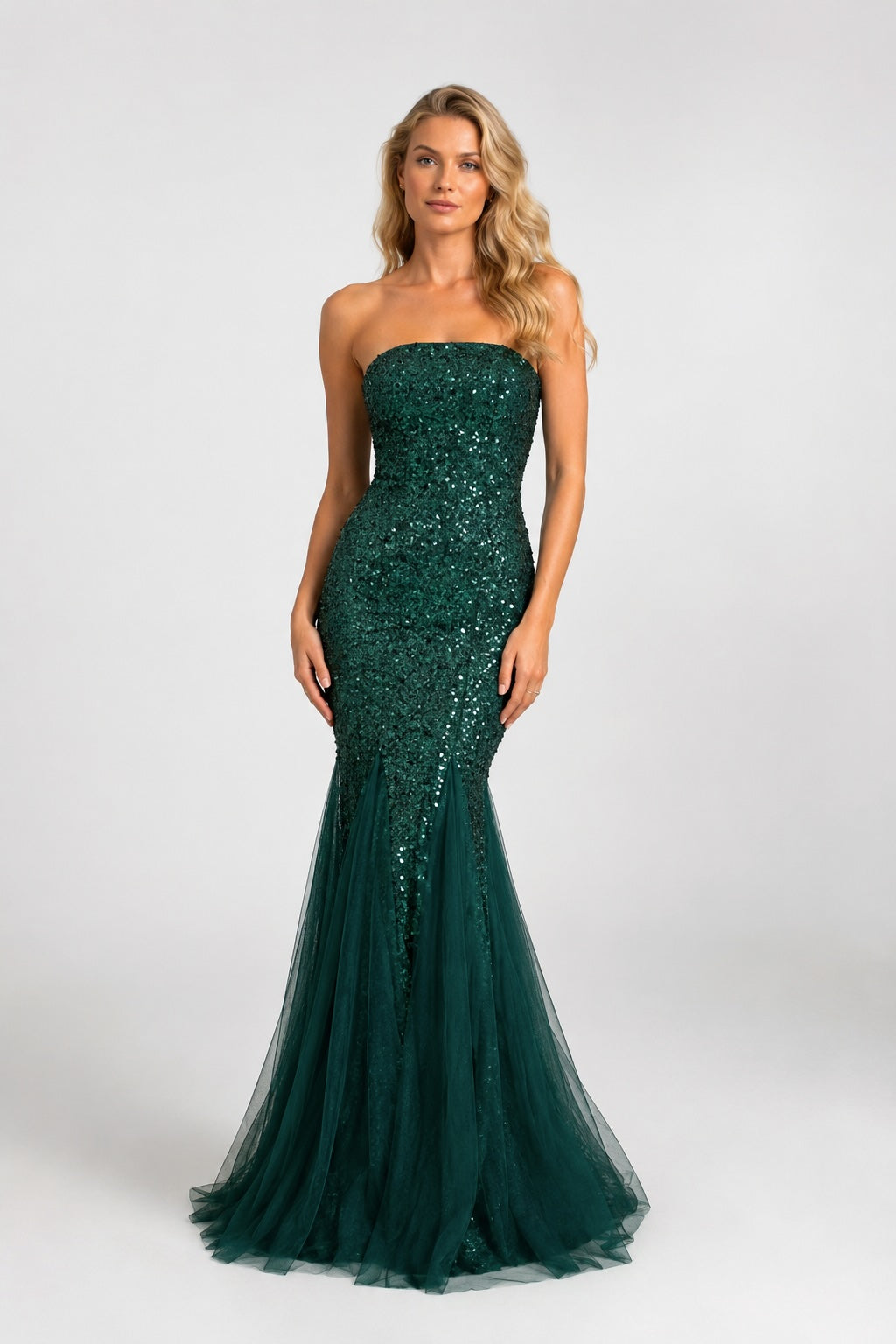 Femme Robes de soirée longue sirène à sequins bustier sans bretelles coupe moulante gainante avec bas en tulle | Dressie Dress
