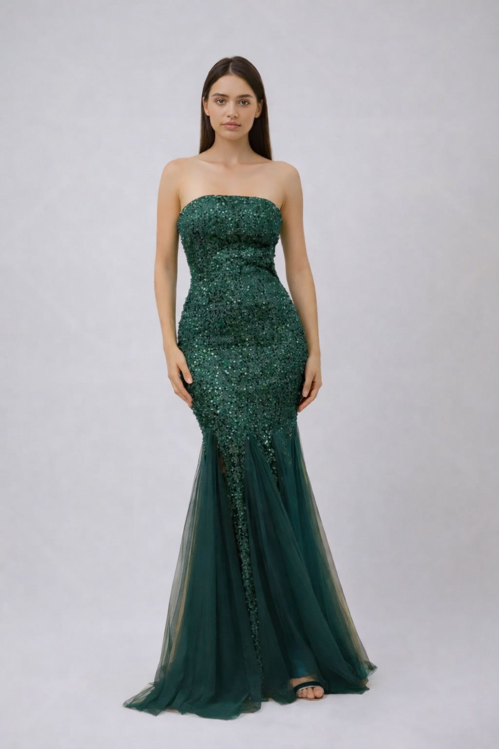 Femme Robes de soirée longue sirène à sequins bustier sans bretelles coupe moulante gainante avec bas en tulle | Dressie Dress