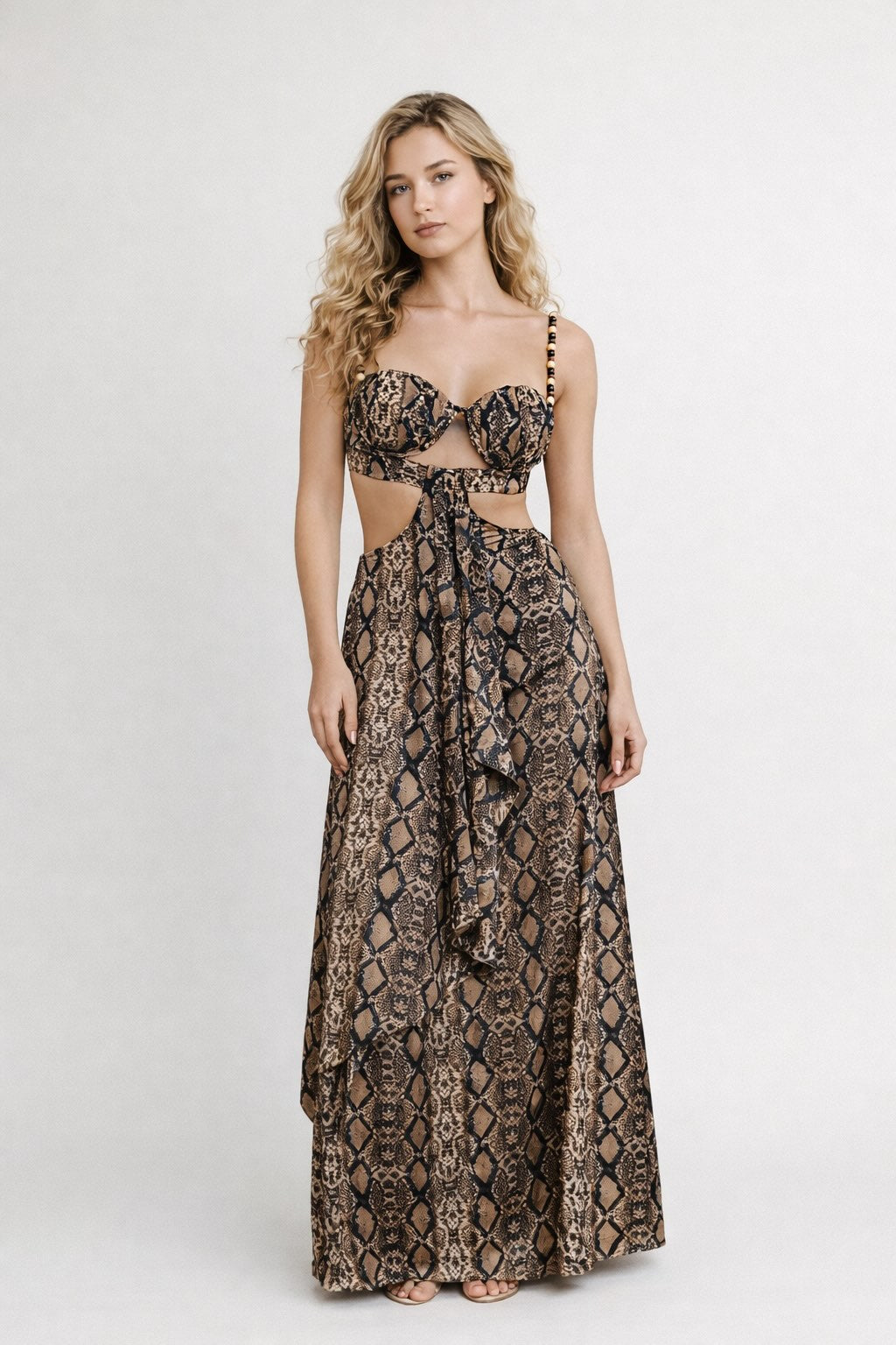 Femme Robe imprimée longue motif serpent avec décolleté cœur bretelles perlées découpes à la taille et lien devant jupe portefeuille asymétrique | Dressie Dress - Dressie Dress