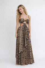 Femme Robe imprimée longue motif serpent avec décolleté cœur bretelles perlées découpes à la taille et lien devant jupe portefeuille asymétrique | Dressie Dress - Dressie Dress