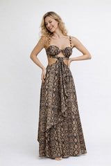 Femme Robe imprimée longue motif serpent avec décolleté cœur bretelles perlées découpes à la taille et lien devant jupe portefeuille asymétrique | Dressie Dress - Dressie Dress