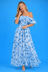 Robe longue imprimée fleurie bleue pour femme, épaules dénudées, manches volantées, taille ceinturée et jupe fluide, Dressie Dress