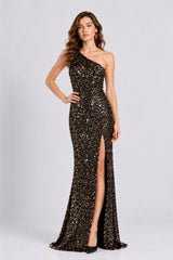 Femme Robe longue scintillante à sequins asymétrique une épaule coupe moulante avec fente haute et longueur maxi – Robes cristallines / brillantes | Dressie Dress