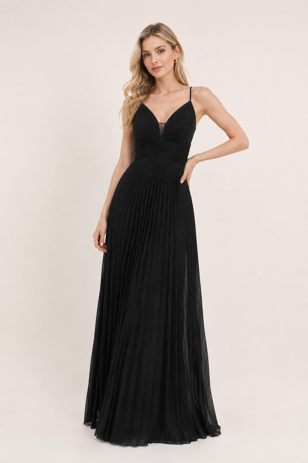 Robes de soirée longue plissée scintillante fines bretelles décolleté V avec tulle dos croisé et taille marquée | Dressie Dress