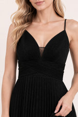 Robes de soirée longue plissée scintillante fines bretelles décolleté V avec tulle dos croisé et taille marquée | Dressie Dress
