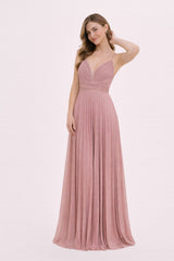 Robes de soirée longue plissée scintillante fines bretelles décolleté V avec tulle dos croisé et taille marquée | Dressie Dress