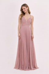 Robes de soirée longue plissée scintillante fines bretelles décolleté V avec tulle dos croisé et taille marquée | Dressie Dress