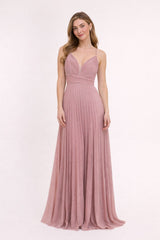 Robes de soirée longue plissée scintillante fines bretelles décolleté V avec tulle dos croisé et taille marquée | Dressie Dress