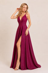 Femme Robes de soirée longue scintillante à bretelles fines décolleté V profond plissé taille haute marquée jupe évasée avec fente | Dressie Dress