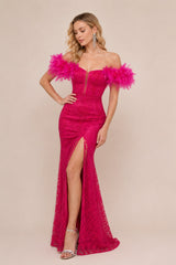 Robes de soirée longue moulante avec épaules dénudées et plumes dentelle brodée à sequins fente haute bretelles fines et empiècement tulle en V | Dressie Dress