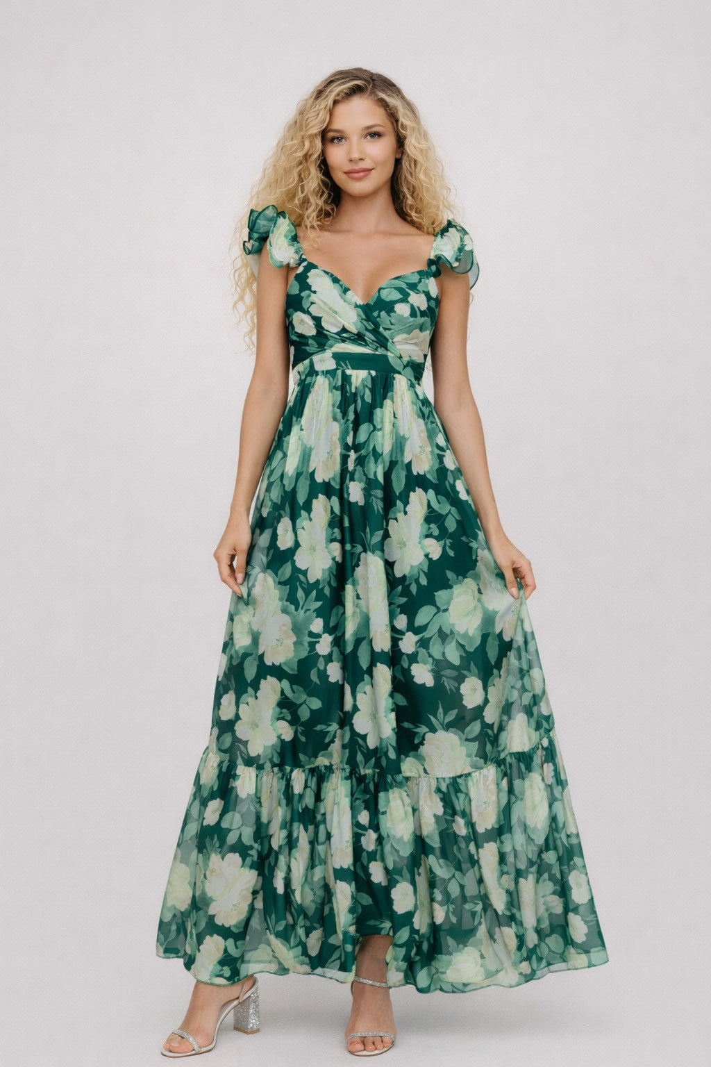 Robe longue imprimée floral pour femme, manches volantées, encolure cœur, taille haute, jupe fluide, marque Dressie Dress