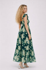 Robe longue femme imprimée à motif floral, manches volantées, encolure en cœur, taille haute et jupe fluide, marque Dressie Dress.