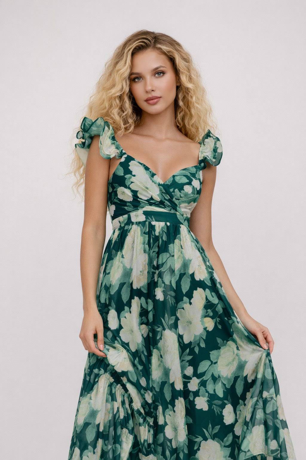 Robe longue imprimée pour femme avec motif floral, manches volantées, encolure en cœur et jupe fluide, Dressie Dress