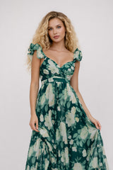 Robe longue imprimée pour femme avec motif floral, manches volantées, encolure en cœur et jupe fluide, Dressie Dress