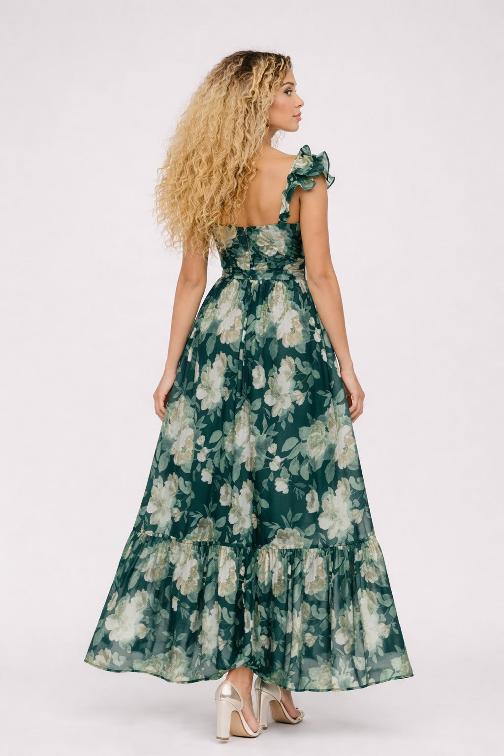 Robe longue femme Dressie Dress à motif floral, manches volantées, encolure cœur, taille haute et jupe fluide.