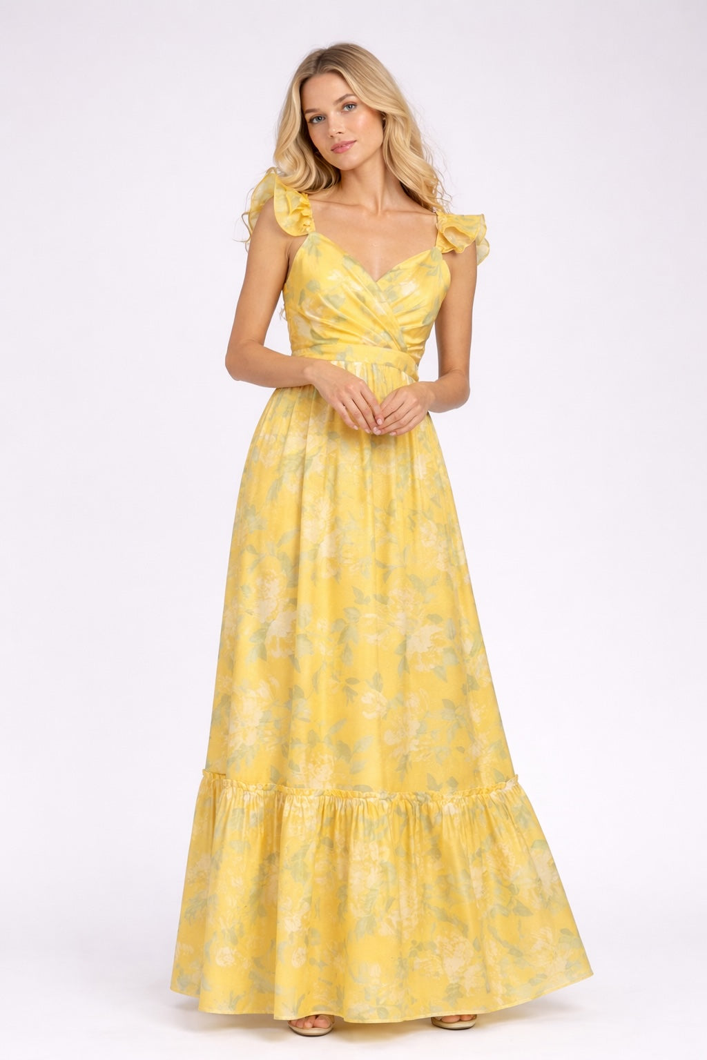 Robe longue femme imprimée floral jaune avec manches volantées, encolure cœur, taille haute et jupe fluide, marque Dressie Dress