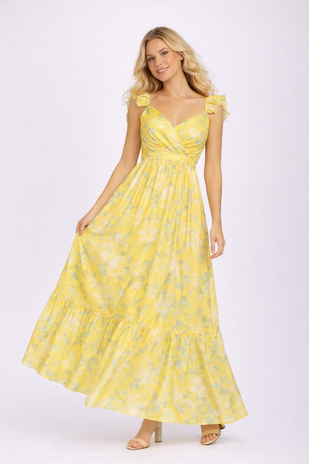 Robe longue imprimée pour femme avec motif floral, manches volantées et encolure en cœur, jupe fluide, marque Dressie Dress