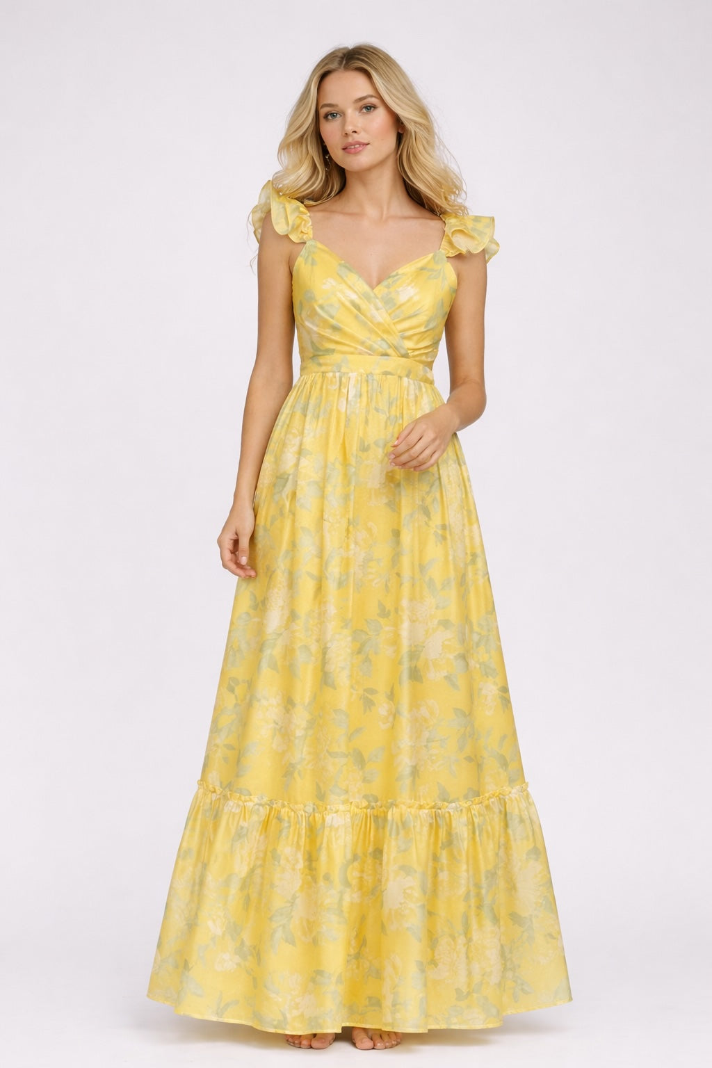 Robe longue femme imprimée à motif floral jaune, manches volantées, encolure en cœur, taille haute et jupe fluide, Dressie Dress