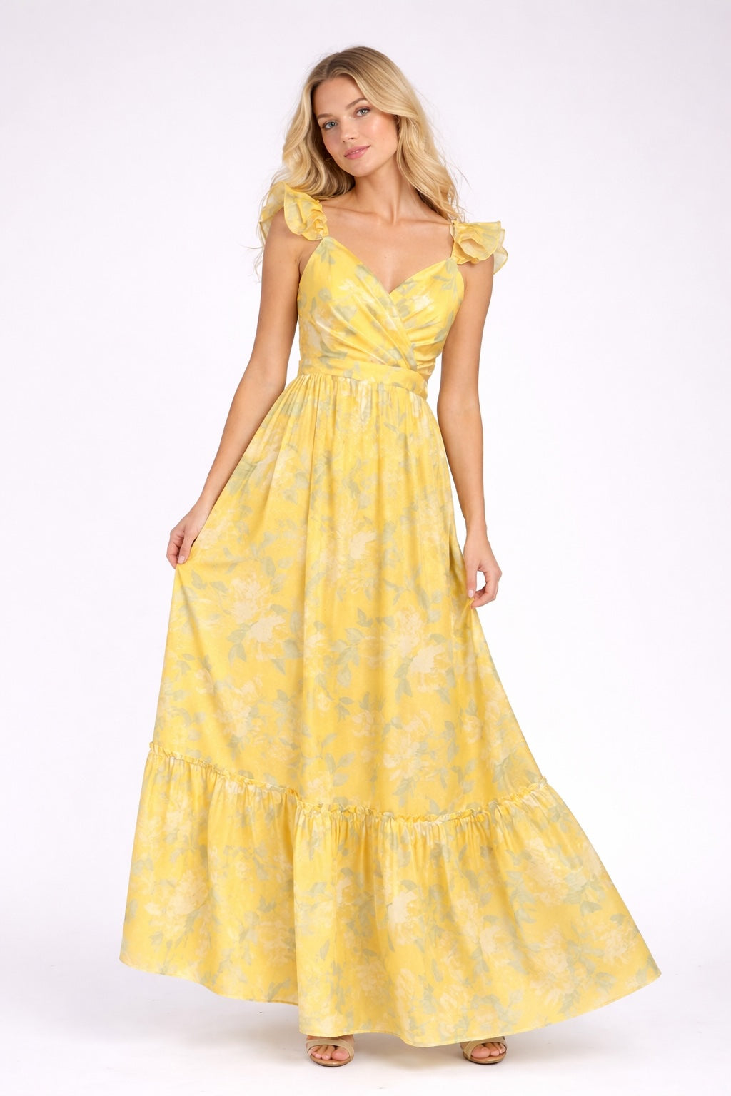 Robe longue femme imprimée à motif floral jaune, manches volantées, encolure en cœur, taille haute et jupe fluide, Dressie Dress