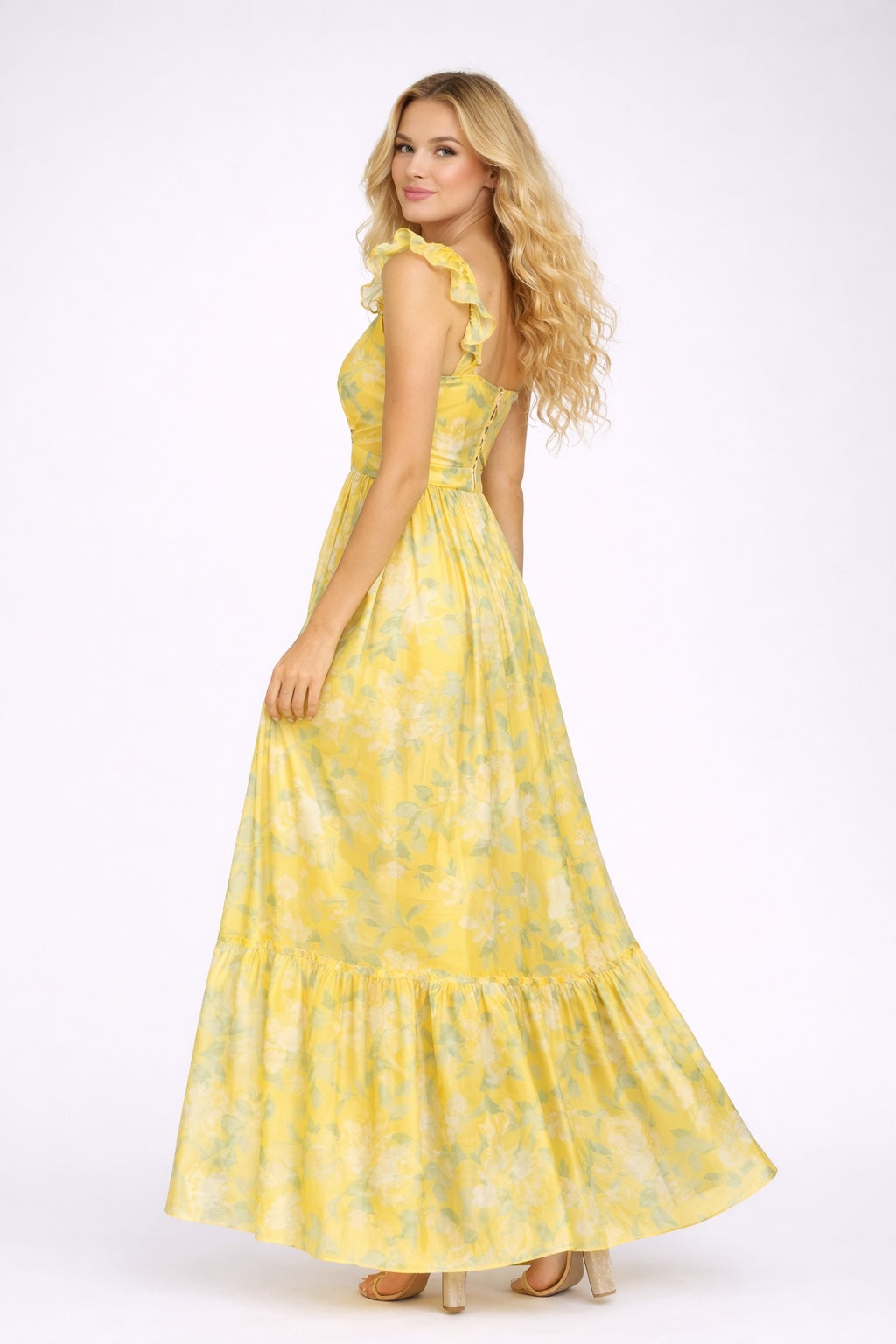 Robe longue imprimée à motif floral jaune pour femme, manches volantées, encolure en cœur, taille haute et jupe fluide Dressie Dress