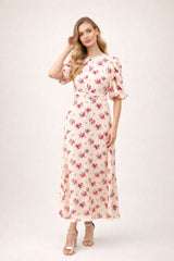 Robe femme imprimée fleurie Dressie Dress, à col rond, manches bouffantes, taille ceinturée, silhouette mi-longue évasée.