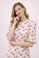 Robe femme midi évasée Dressie Dress à imprimé floral, col rond, manches bouffantes et taille ceinturée, style français élégante