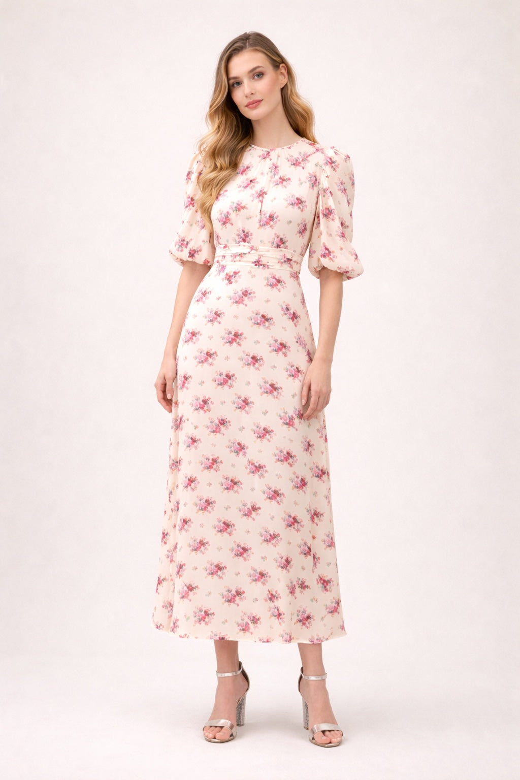 Robe femme imprimée fleurie à manches bouffantes, col rond, ceinture, robe midi évasée, style élégant français, Dressie Dress
