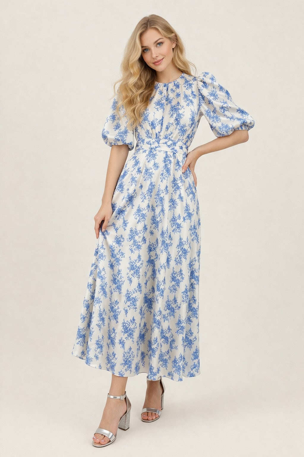 Robe femme imprimée fleurie à manches bouffantes, col rond, taille ceinturée, robe midi évasée, style français, Dressie Dress