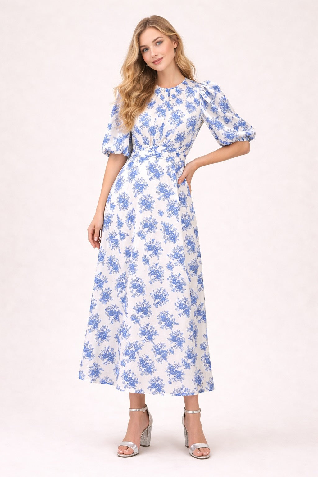 Robe féminine imprimée fleurie à manches bouffantes, col rond, ceinture à la taille, robe midi évasée, marque Dressie Dress