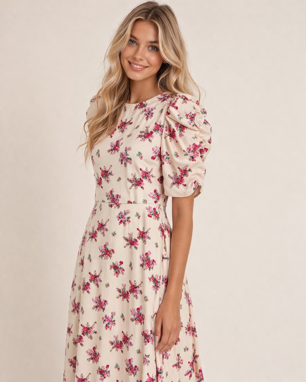 Robe femme Dressie Dress imprimée fleurs, col rond, manches courtes bouffantes, taille cintrée, style français élégant, robe midi évasée