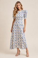 Robe femme imprimée fleurie Dressie Dress, col rond, manches bouffantes, taille cintrée, robe midi évasée élégante.