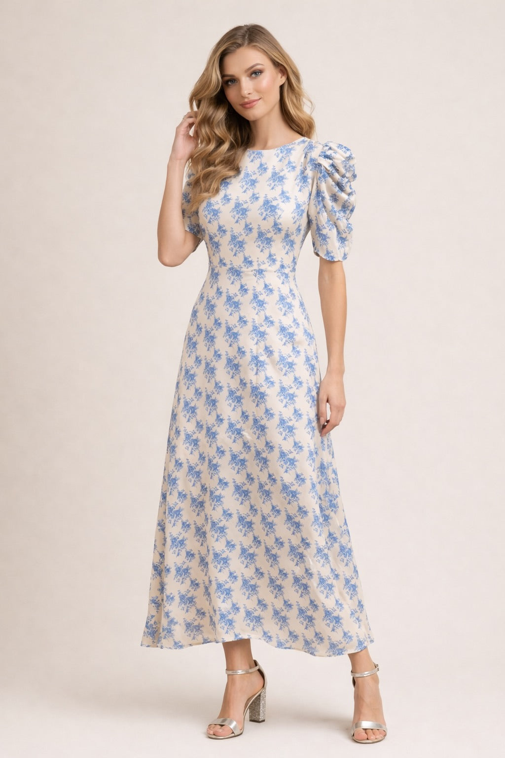 Robe femme Dressie Dress imprimée fleurie, col rond, manches courtes bouffantes, taille cintrée, robe midi évasée élégante.