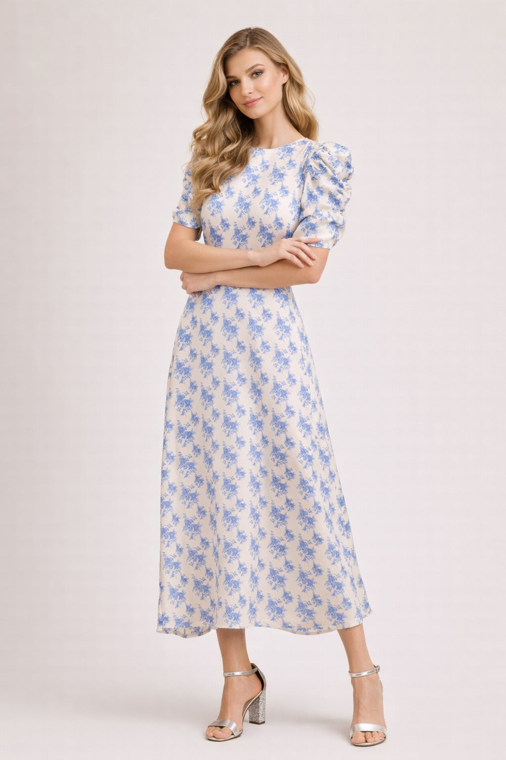 Robe fille femme imprimée fleurie avec col rond, manches courtes bouffantes, taille cintrée, style élégant midi évasé Dressie Dress