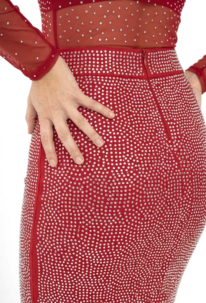 Femme Jupe midi taille haute à strass scintillants effet ventre plat | Dressie Dress - Dressie Dress