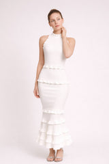 Femme Robe bandage longue avec volants col montant et dos nu coupe sirène – Élégante et moulante | Dressie Dress