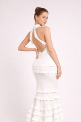 Femme Robe bandage longue avec volants col montant et dos nu coupe sirène – Élégante et moulante | Dressie Dress