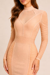 Robe bandage moulante pour femme avec empiècement en tulle, col montant, manches longues froncées et taille gainante, Dressie Dress