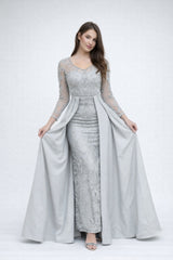 Femme Robe de soirée longue à manches longues en tulle brodé perlé décolleté V coupe gainante avec sur-jupe drapée sur les côtés | Dressie Dress