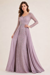 Femme Robe de soirée longue à manches longues en tulle brodé perlé décolleté V coupe gainante avec sur-jupe drapée sur les côtés | Dressie Dress