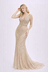 Femme Robes de soirée longue sirène moulante à décolleté V avec tulle illusion perlage géométrique et taille marquée – Effet glamour | Dressie Dress