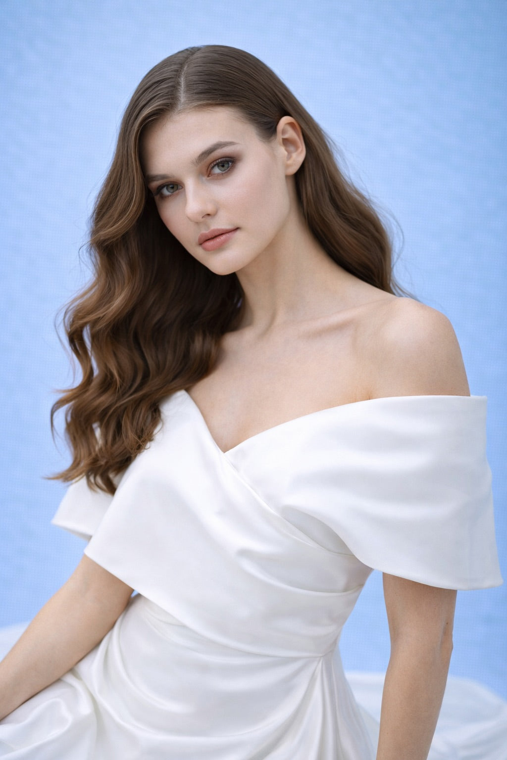Mariée Robe de mariage style français avec encolure bardot et large drapé effet cape coupe sirène/colonne et traîne | Dressie Dress - Dressie Dress