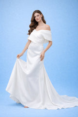 Mariée Robe de mariage style français avec encolure bardot et large drapé effet cape coupe sirène/colonne et traîne | Dressie Dress - Dressie Dress