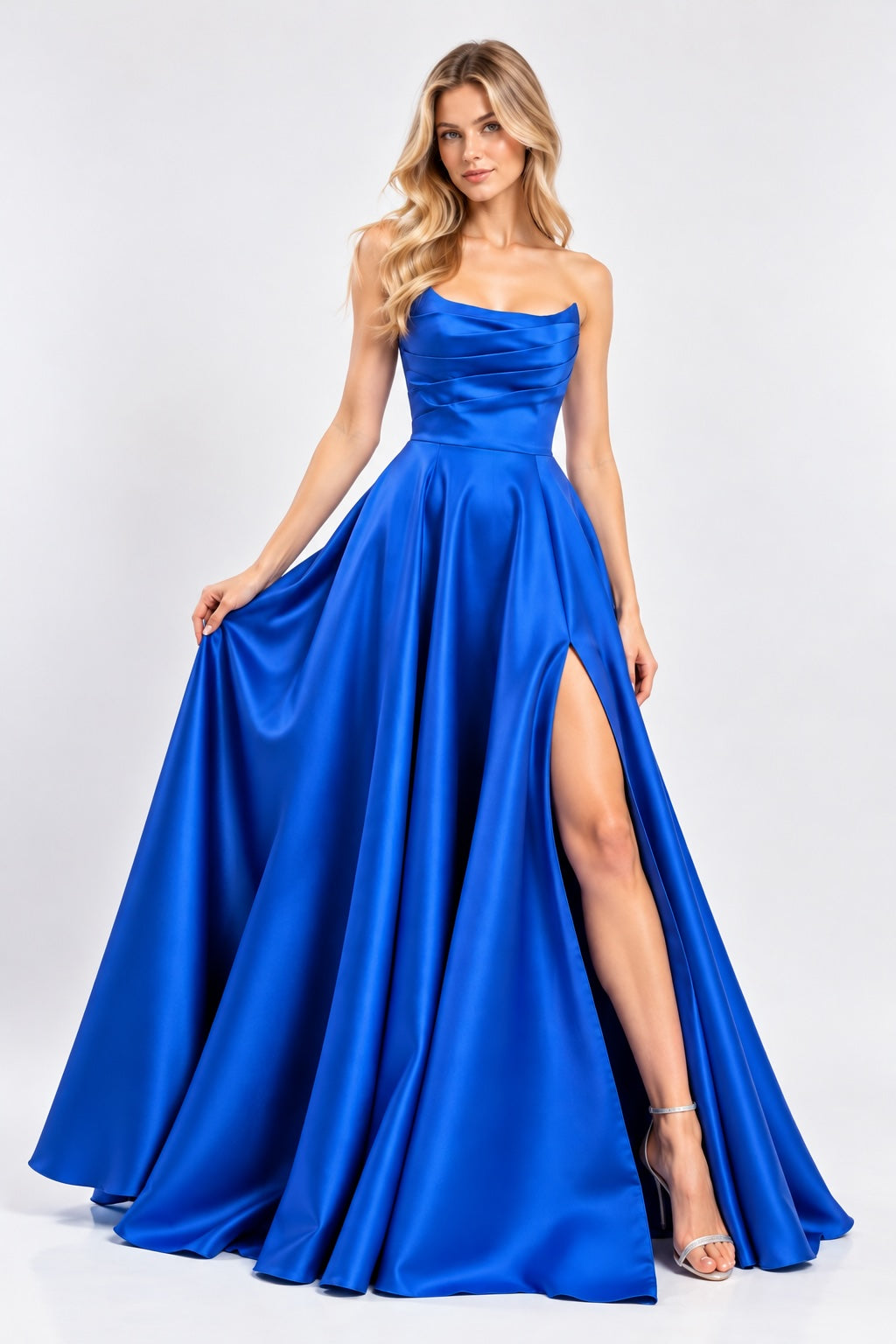 Robe de soirée bustier satinée bleue royal, jupe volumineuse avec fente élégante, vêtement chic pour femmes de Dressie Dress