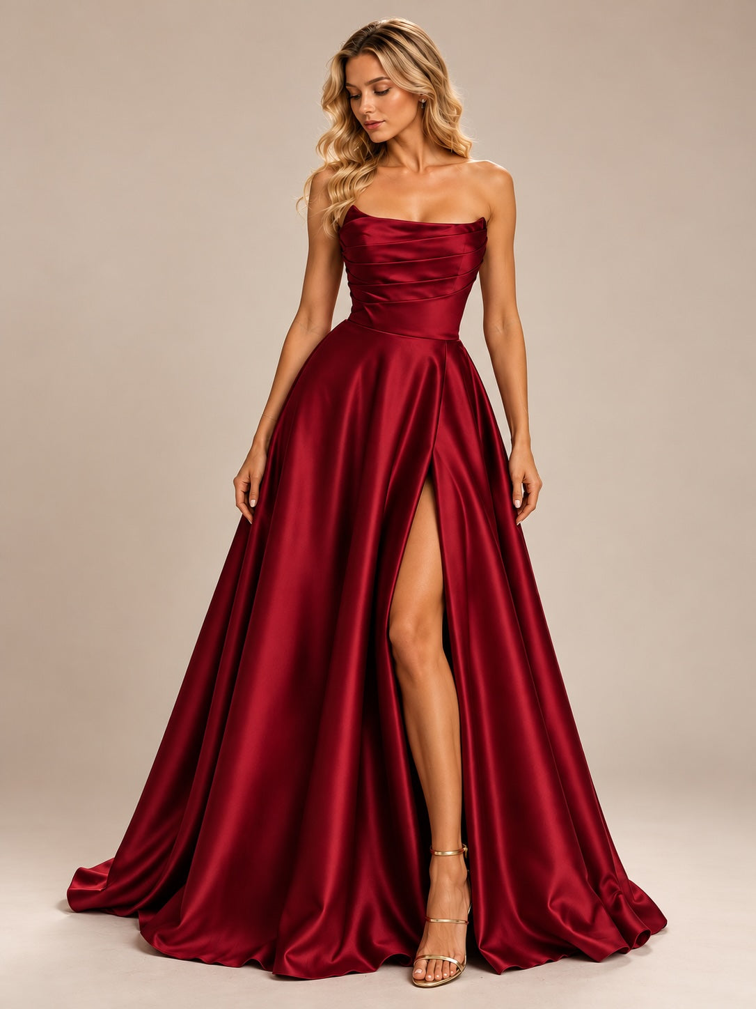 Robe de soirée bustier satinée bordeaux avec drapé structuré, jupe volumineuse et fente élégante, pour femmes chic et sensuelle.