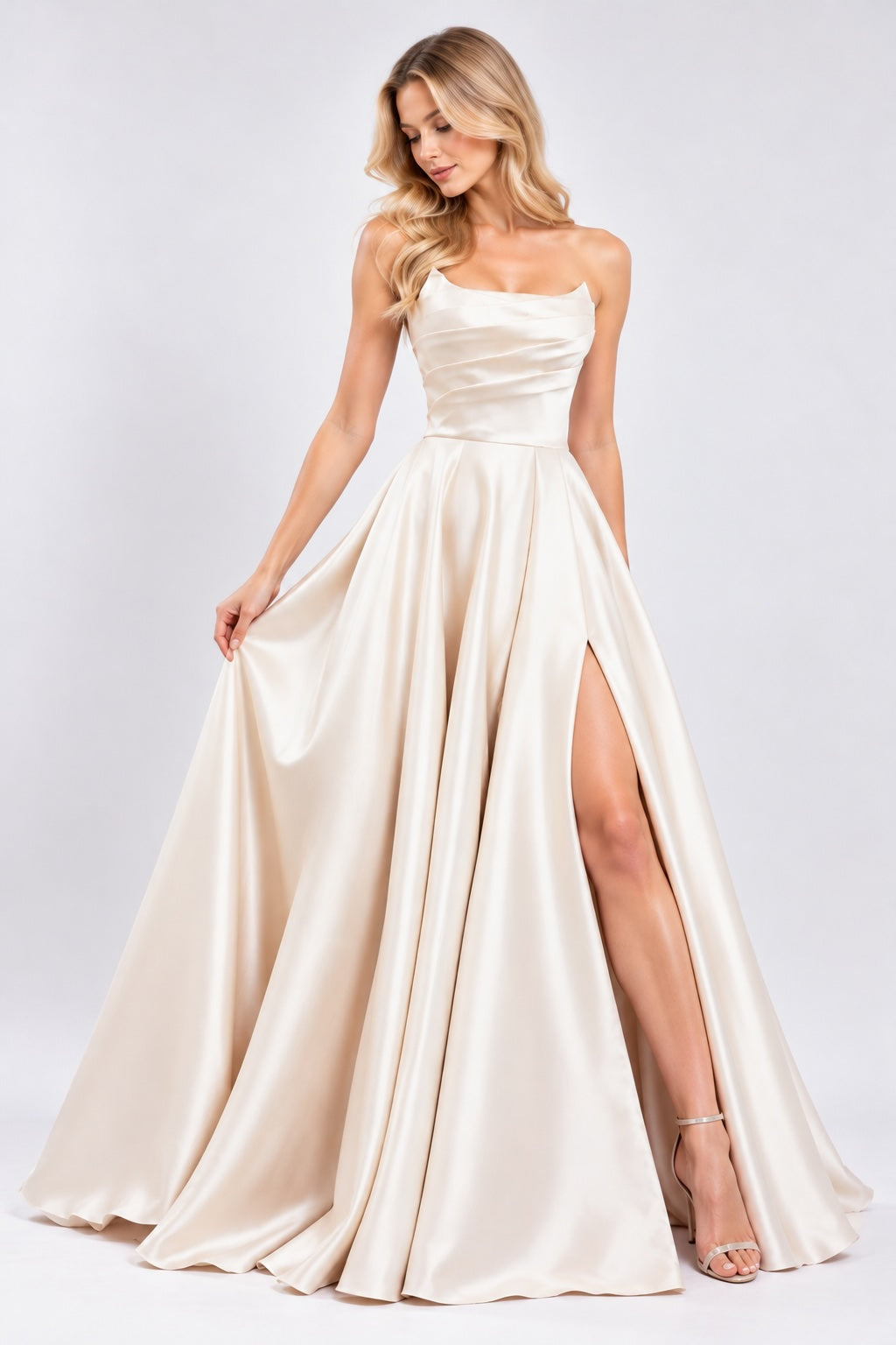 Robe de soirée bustier satinée dorée pour femme avec jupe volumineuse, fente élégante, design structuré et look chic.